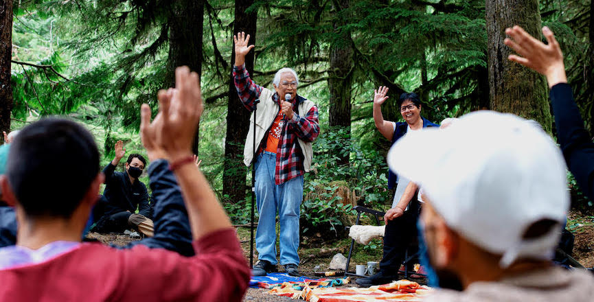 Elder Bill Jones called a community meeting to address increasing violence at the Fairy Creek blockade. Image: Fairy Creek Blockade/Rainforest Flying Squad/Used with permission