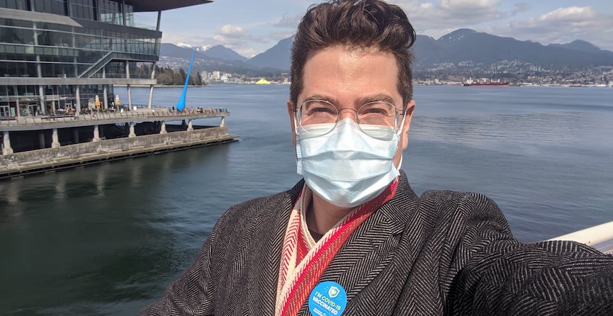 NDP candidate for Vancouver Centre Breen Ouellette promotes mask-wearing and vaccinations. Image: Breen Ouellette/Facebook