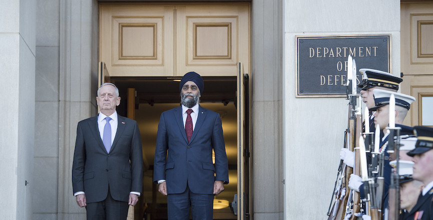 Minister of Defence Harjit Sajjan stands next to former U.S. Secretary of Defense Jim Mattis at the Pentagon in 2017. Image: U.S. Secretary of Defense/Flickr