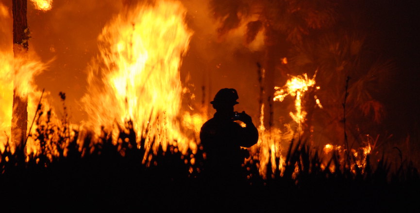 A lone firefighter faces a wall of forest fire. Image: U.S. Fish and Wildlife Service/Flickr