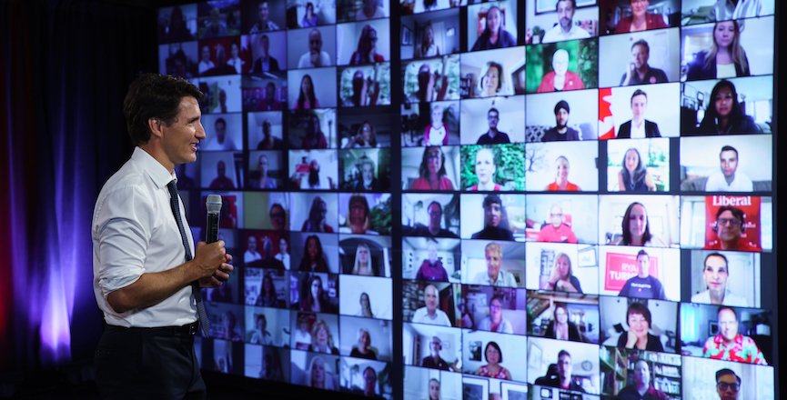 Justin Trudeau with his Liberal Party team at a virtual meeting. Image: Justin Trudeau/Twitter