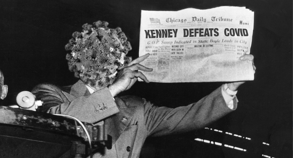 Mr. COVID holds up a newspaper that reads "Kenney defeats COVID." [Parody image]. Image: @ArtSifton/Twitter/Used with permission.