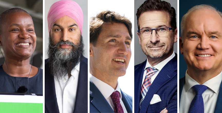 From left to right: Annamie Paul/Jagmeet Singh/Justin Trudeau/Yves Francois-Blanchet/Erin O'Toole/Facebook