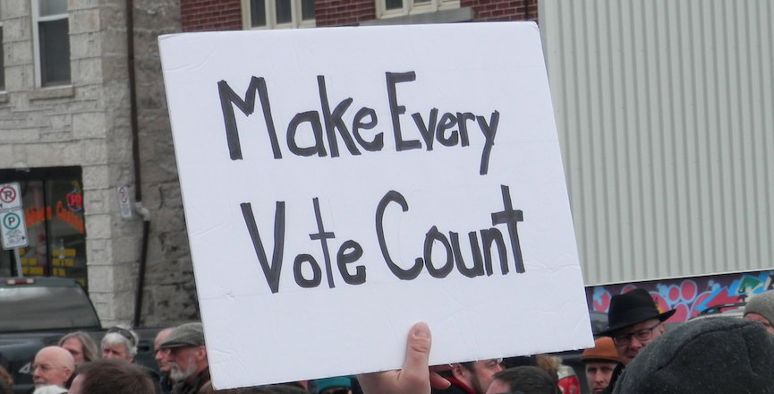 A 'Make Every Vote Count' sign from a protest in Guelph over Justin Trudeau's decision to drop electoral reform in 2017. Image: Ryan Hodnett/Flickr
