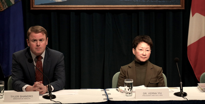 Health Minister Tyler Shandro and AHS CEO Verna Liu at a 2020 press conference. Image: Government of Alberta/Flickr