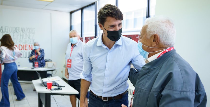 Justin Trudeau visits his campaign office in Papineau, Quebec on Election Day. Image: Justin Trudeau/Twitter