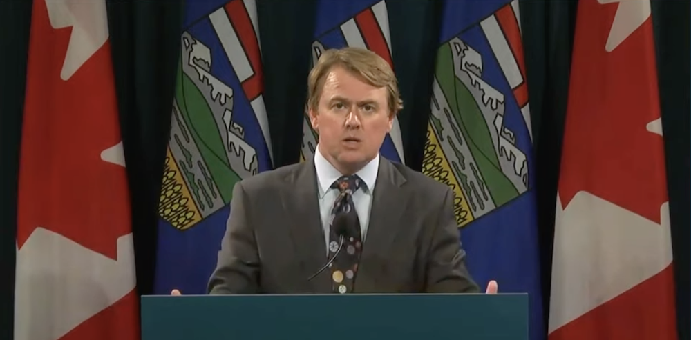 Alberta Health Minister Tyler Shandro at yesterday's news conference (Photo: Screenshot of Alberta Government video).