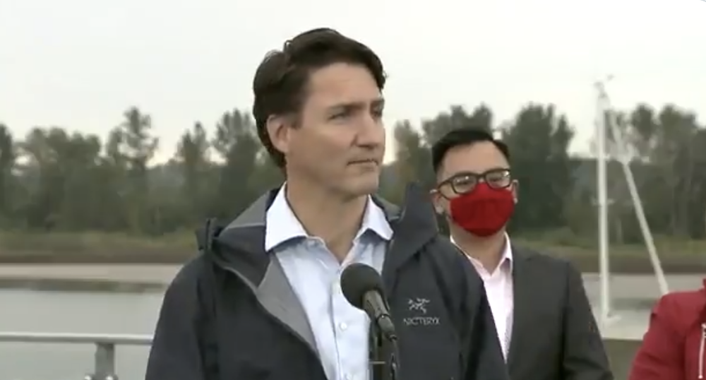 Prime Minister Justin Trudeau in Richmond, B.C., yesterday putting Jason Kenney’s record at the centre of the last days of the federal election campaign. Image: Video still/David Climenhaga