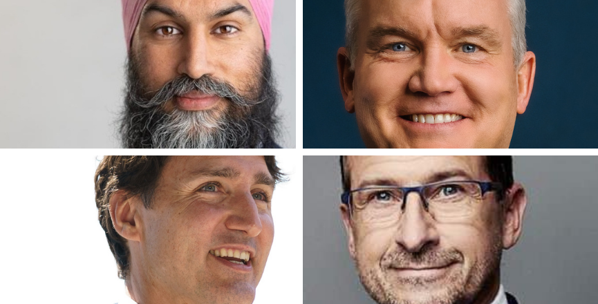 From top left, clockwise: Jagmeet Singh/Erin O'Toole/Yves Francois-Blanchet/Justin Trudeau/Facebook