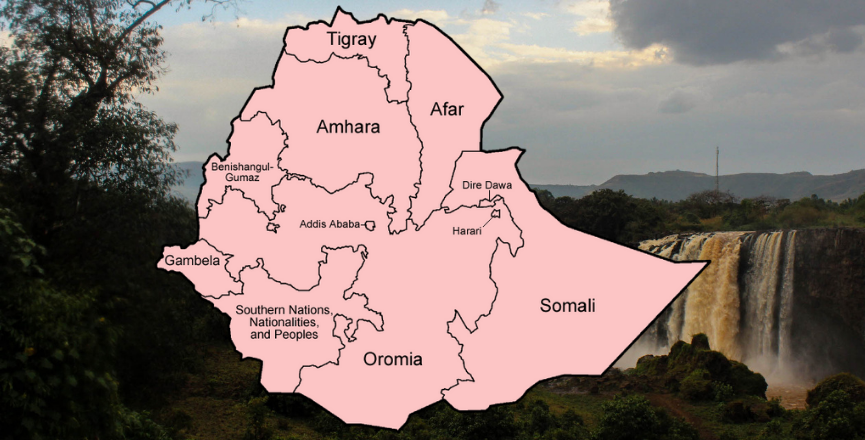 Map of the regions of Ethiopia, overlaid on a background of an Ethiopian landscape. Image: User:Golbez/Wikimedia Commons, Lan Yao/Pexels