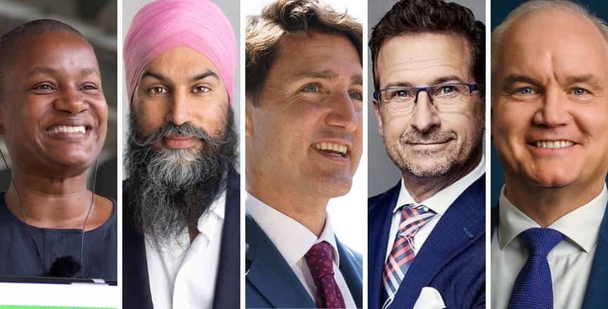 Image: From left to right: Annamie Paul/Jagmeet Singh/Justin Trudeau/Yves-François Blanchet/Erin O'Toole/Facebook