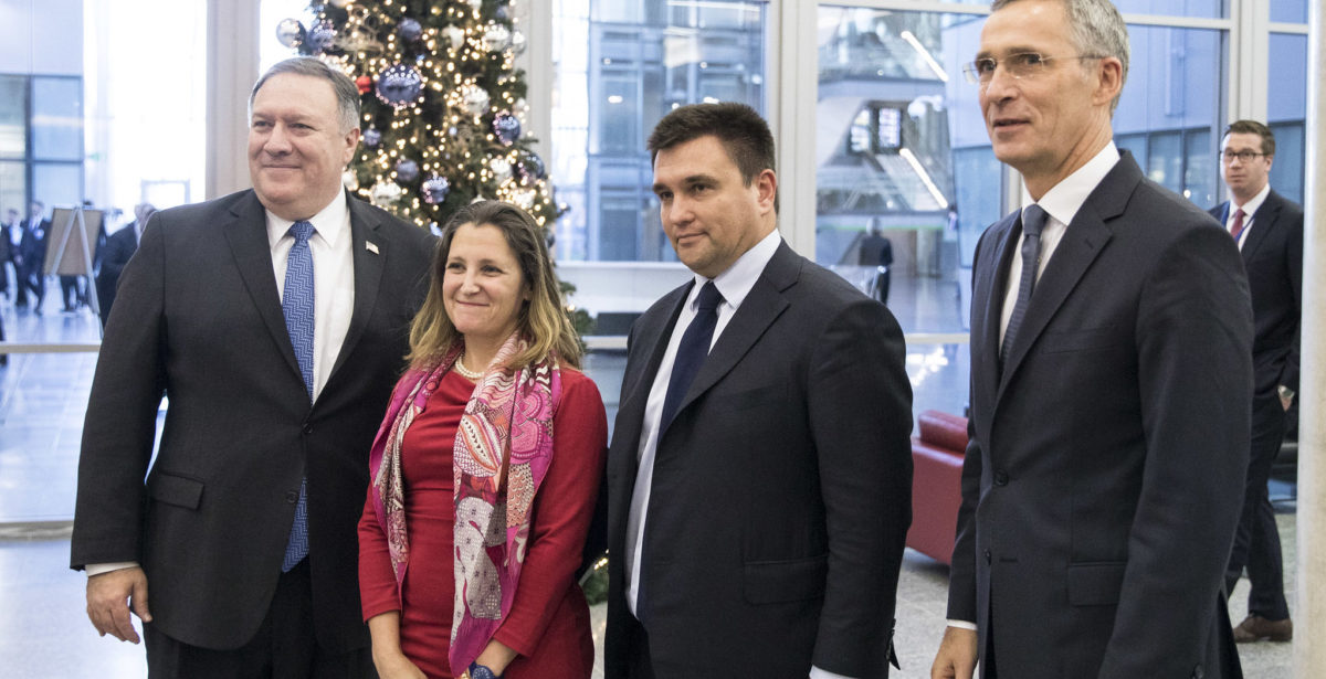 Left to right: Mike Pompeo (U.S. Secretary of State); Chrystia Freeland (then-Minister of Foreign Affairs, Canada); Pavlo Klimkin (Minister of Foreign Affairs, Ukraine); NATO Secretary General Jens Stoltenberg. (Image: NATO/Flickr)