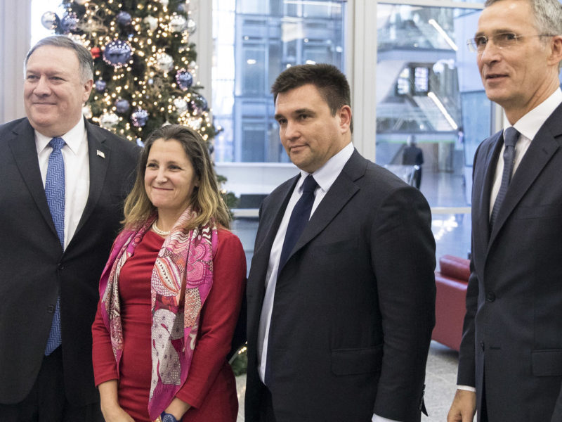 Left to right: Mike Pompeo (U.S. Secretary of State); Chrystia Freeland (then-Minister of Foreign Affairs, Canada); Pavlo Klimkin (Minister of Foreign Affairs, Ukraine); NATO Secretary General Jens Stoltenberg. (Image: NATO/Flickr)