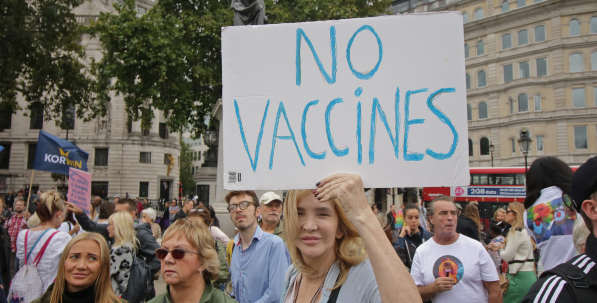 Anti-Vaxx/Anti-Mask rally at Trafalgar Square, London. 29th August 2020. (Steve Eason/Flickr)