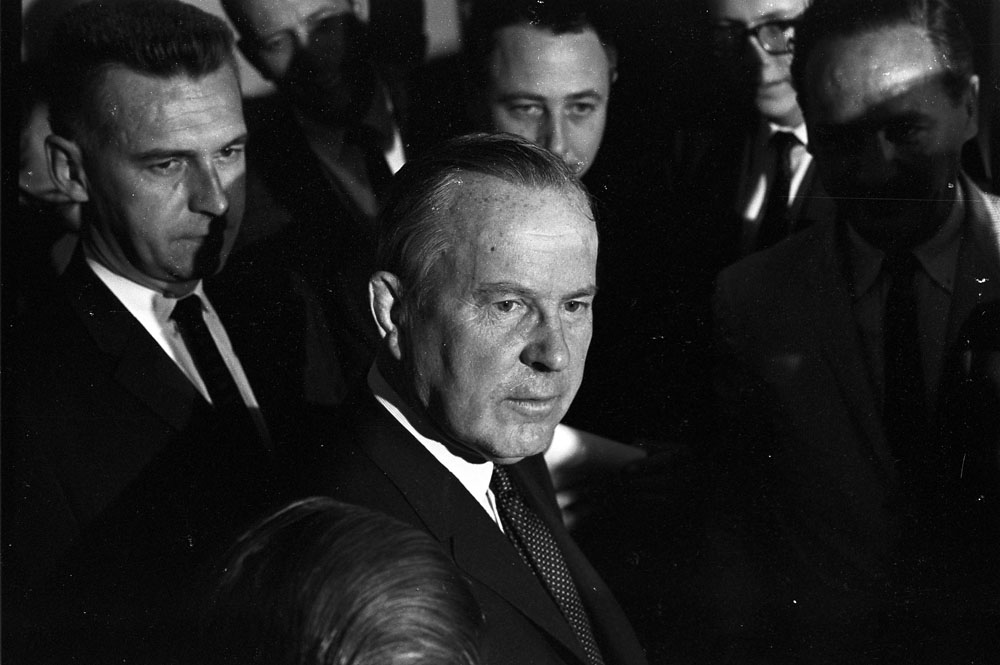 Lester B. Pearson at a news conference, date unknown. (Image: Duncan Cameron. Library and Archives Canada, e010836504)