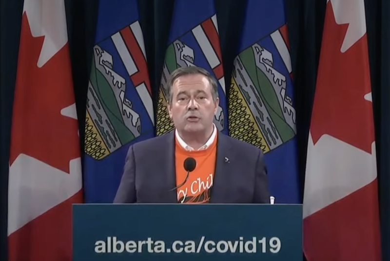 Jason Kenney at his Sept. 30 press conference. (Video still)