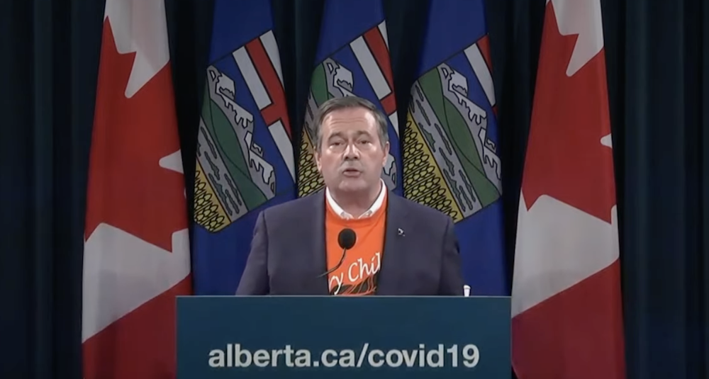 Jason Kenney at his Sept. 30 press conference. (Video still)