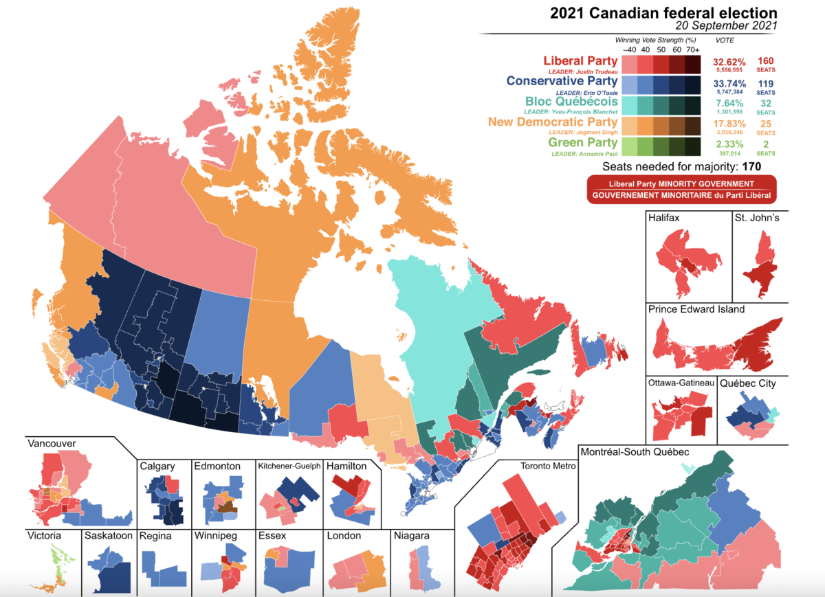 Electoral map featuring the results of the 2021 Canadian federal election. (Image: DrRandomFactor/Creative Commons)