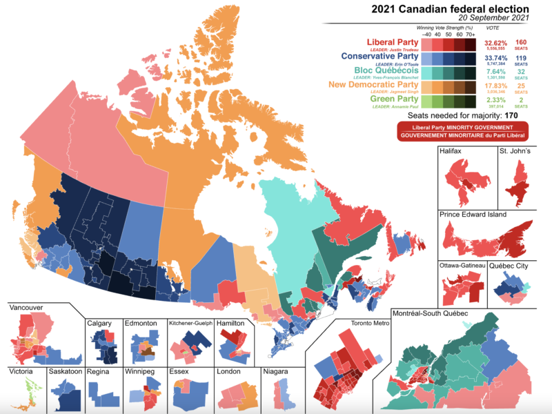 Electoral map featuring the results of the 2021 Canadian federal election. (Image: DrRandomFactor/Creative Commons)