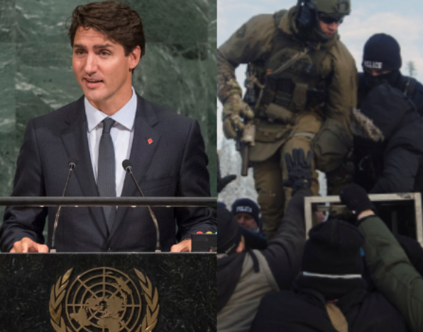 Photos: Prime Minister Trudeau addresses the United Nations in September 2016, the RCMP raid Wet’suwet’en territory in January 2019.