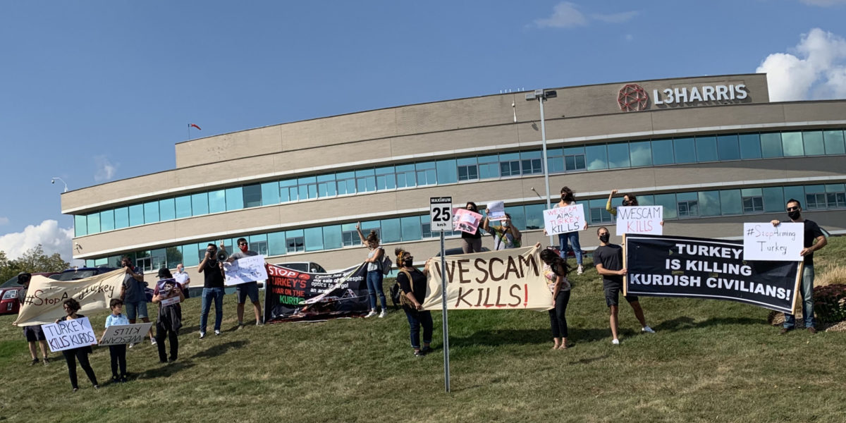 A protest at Wescam offices in Burlington, Ontario. (Image: Fair Use).