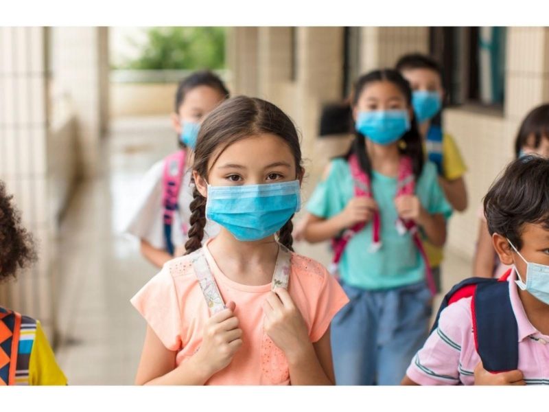 School aged children wearing masks