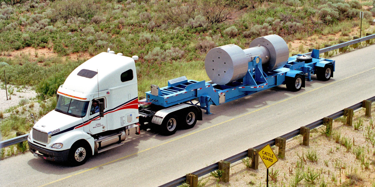 This photo shows a RH72-B cask, certified by the U.S. Nuclear Regulatory Commission to transport waste requiring remote handling, en route for disposal at a deep geologic repository.