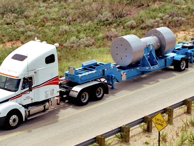 This photo shows a RH72-B cask, certified by the U.S. Nuclear Regulatory Commission to transport waste requiring remote handling, en route for disposal at a deep geologic repository.