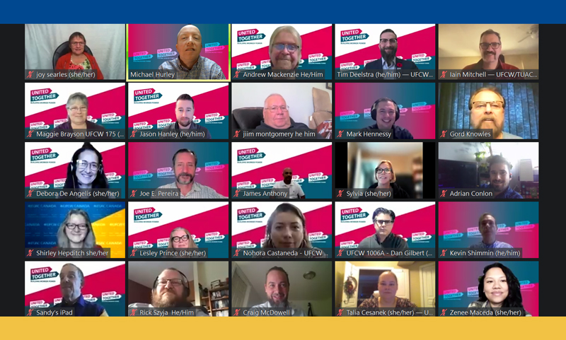 Screenshot of a virtual meeting with UFCW activists.