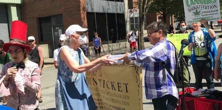 Vancouver City Councillor Jean Swanson hands out a safe supply of drugs with the Vancouver Area Network of Drug Users, July 14, 2021.