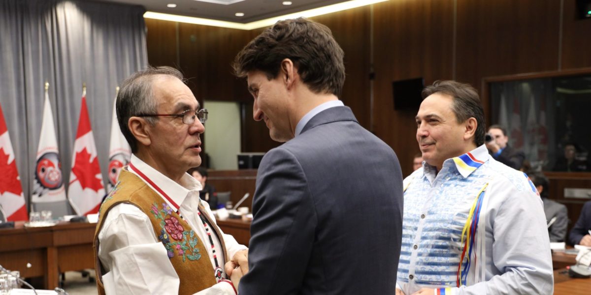 Justin Trudeau meets with leaders of the Assembly of First Nations in 2019.