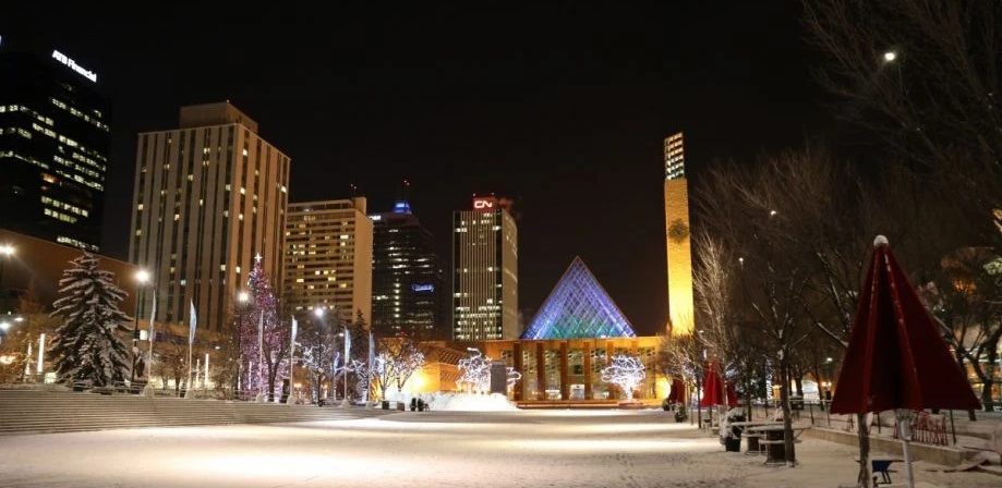 Edmonton City Hall on a winter's night.