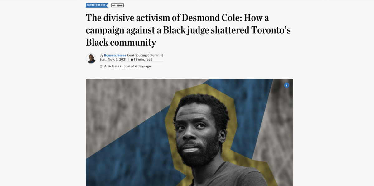A screen shot of the headline of the opinion piece by Royson James in the Toronto Star.