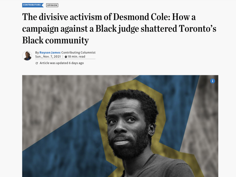 A screen shot of the headline of the opinion piece by Royson James in the Toronto Star.