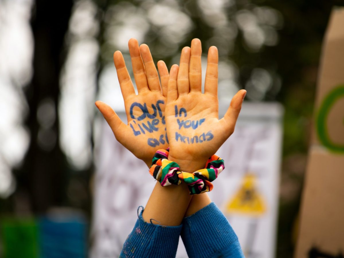 Photo of two hands raised in the air with "Our lives are in your hands" written on the palms.