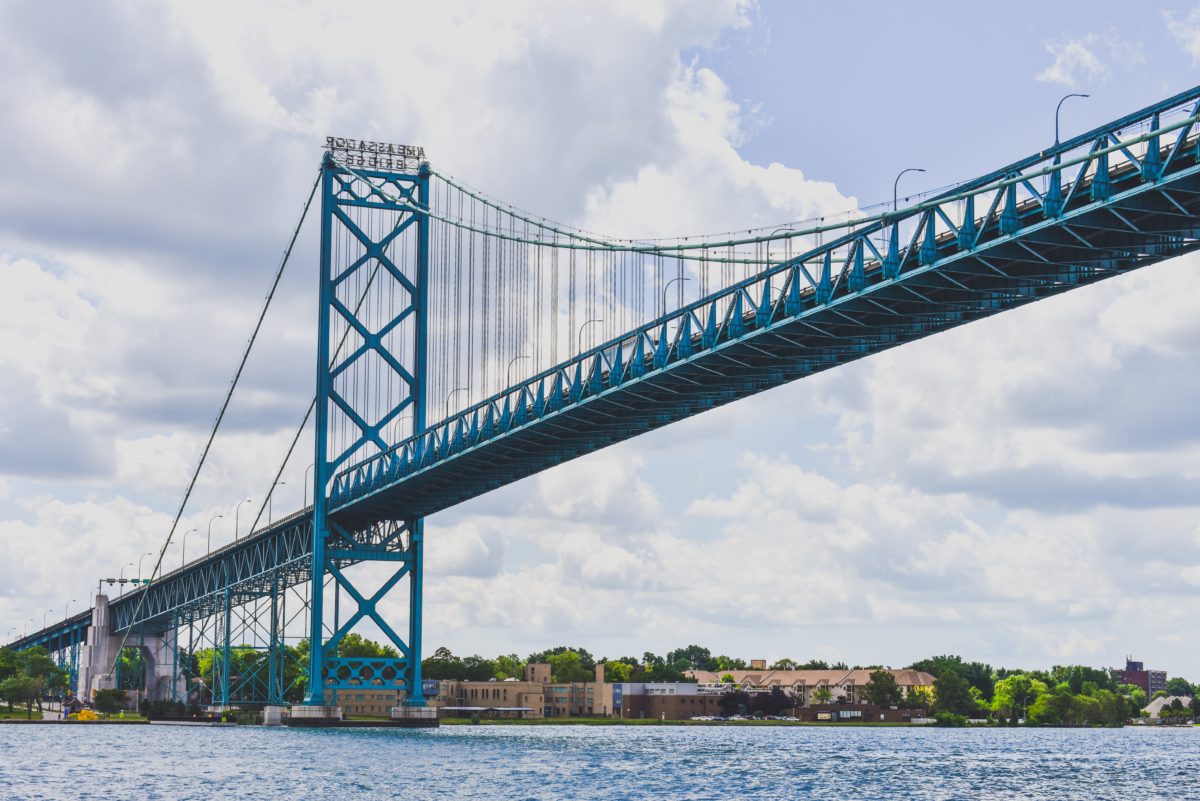 Ambassador Bridge crossing the American border in Windsor, Ontario.