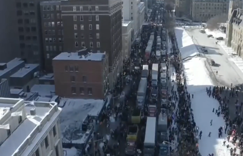 Trucks line Wellington Street in Ottawa on January 30, 2022.