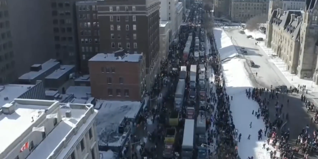 Trucks line Wellington Street in Ottawa on January 30, 2022.