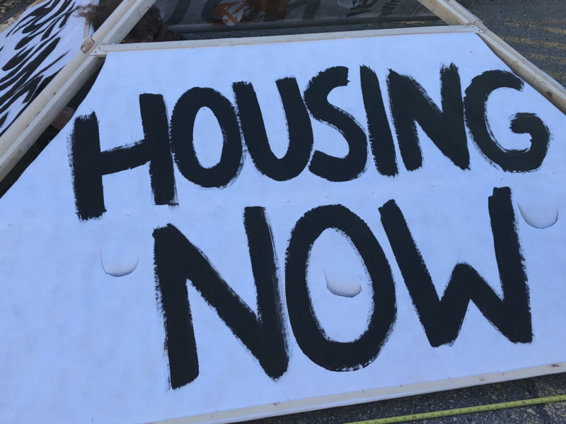 Photo of a sign which reads "Housing Now"