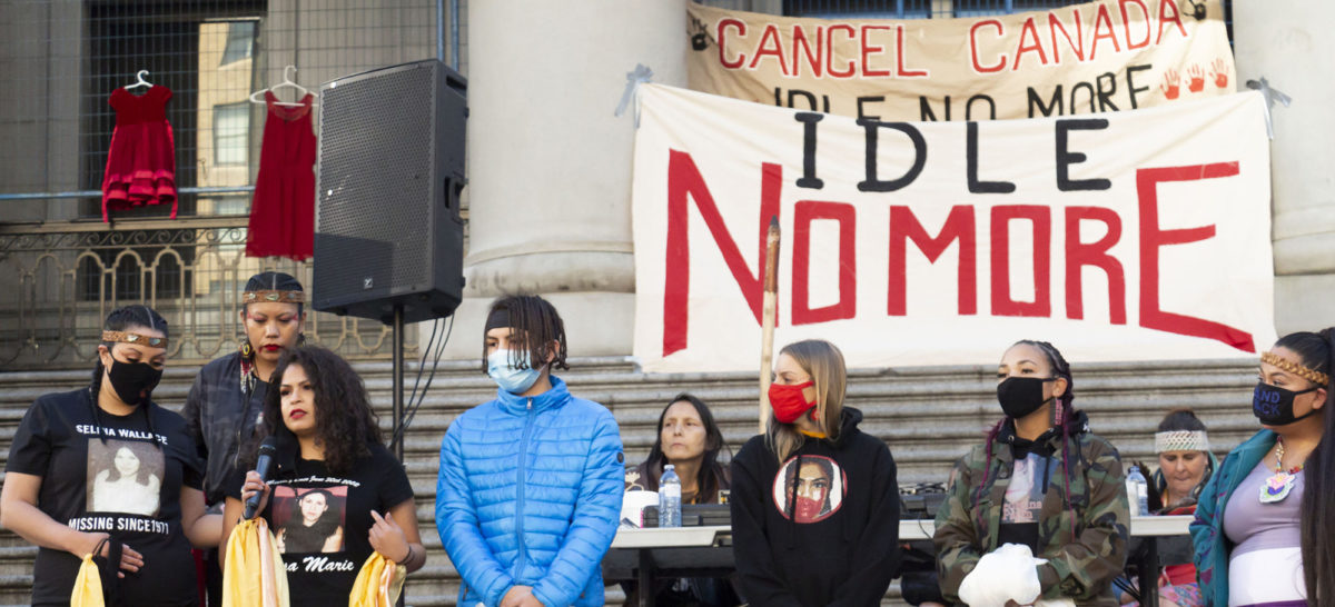 Photo of a peaceful protest to draw attention to Missing and Murdered Indigenous Women and Girls