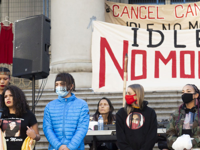 Photo of a peaceful protest to draw attention to Missing and Murdered Indigenous Women and Girls