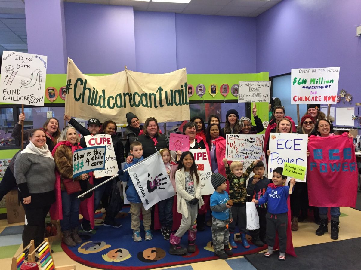 Photo of Association of Early Childhood Educators Ontario (AECEO)-IWD March Toronto, 2018 #childcarecantwait #decentwork — with Katie Lynne Persona. Today, after 50+ years of struggle, Canada is about to implement universal childcare. Photo: IWD Toronto Facebook