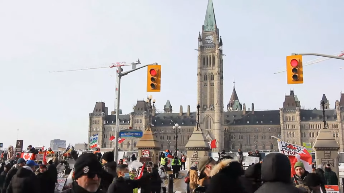 Photo of the "Freedom Convoy" protesters at Parliament Hill on February 1, 2022.