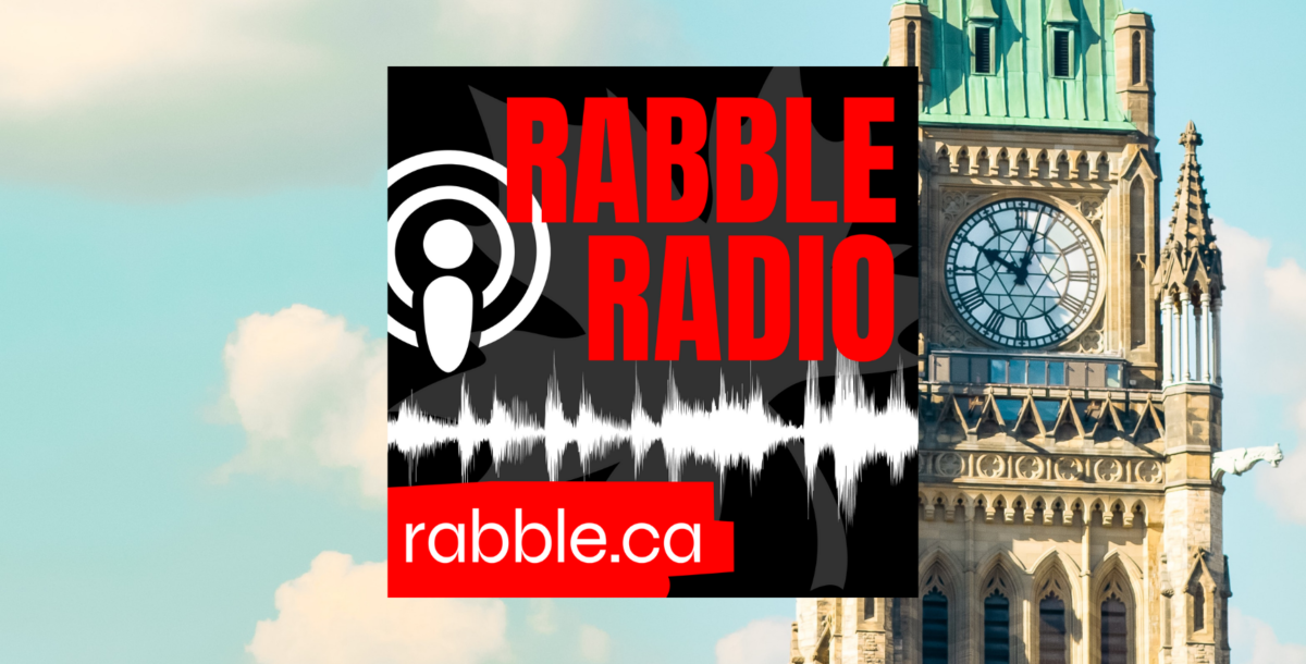 Photo of Parliament on a backdrop of the rabble radio logo