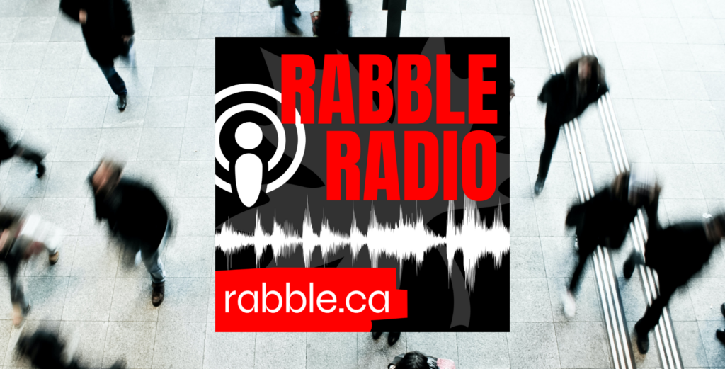 Photo of rabble radio logo with a blurry photo of people walking quickly behind it