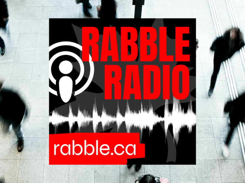 Photo of rabble radio logo with a blurry photo of people walking quickly behind it