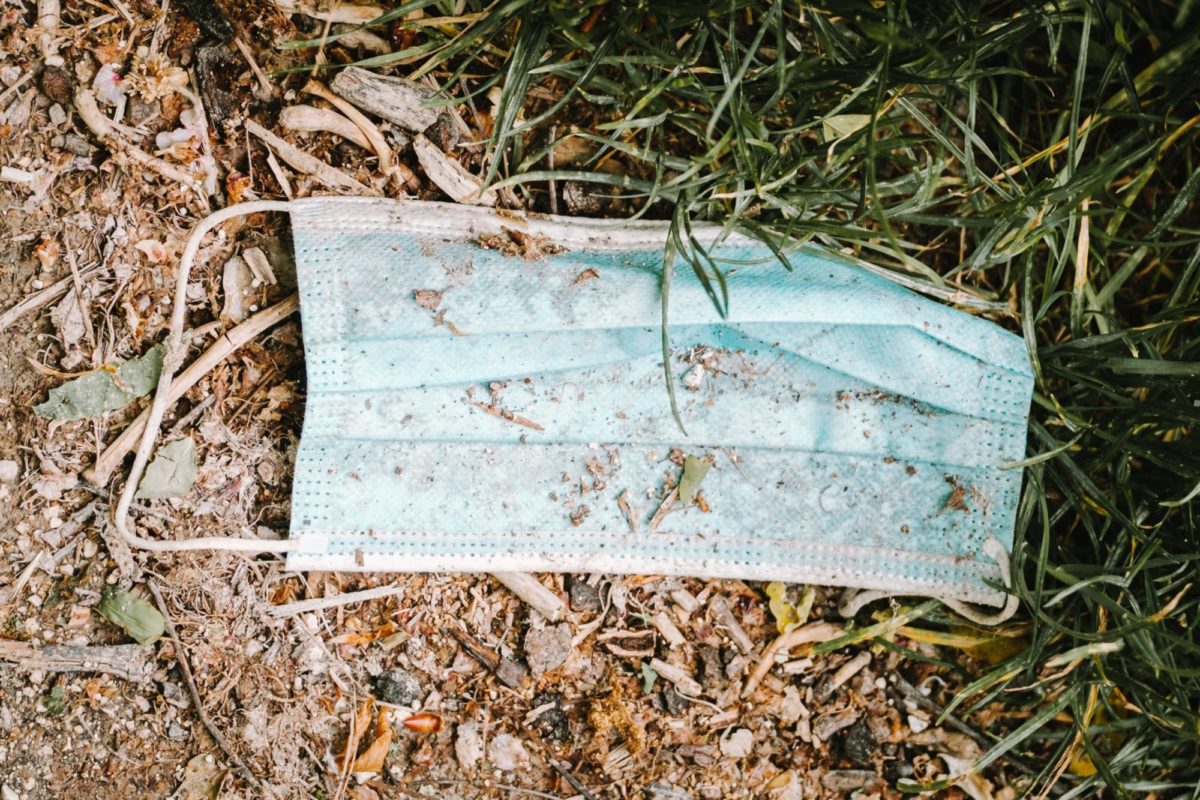 Photo of a surgical mask on the ground in the dirt and grass.