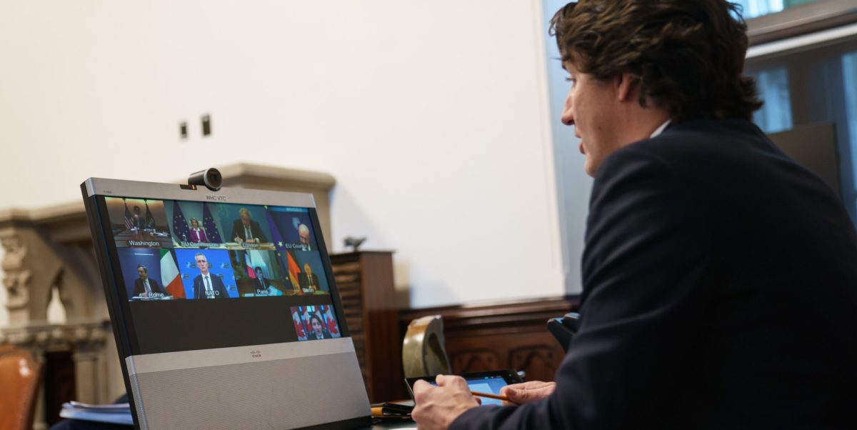 Photo of Prime Minister Justin Trudeau speaking with European leaders via Zoom