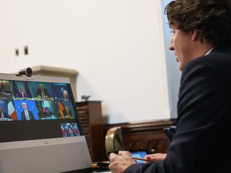 Photo of Prime Minister Justin Trudeau speaking with European leaders via Zoom