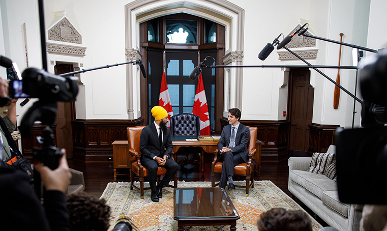 Photo shows Prime Minister Justin Trudeau meeting with the Leader of the New Democratic Party, Jagmeet Singh.